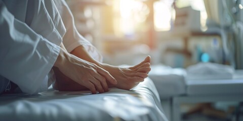 A white-garbed orthopaedist assessed a patient suffering from foot discomfort on a pristine bed against a blurred backdrop