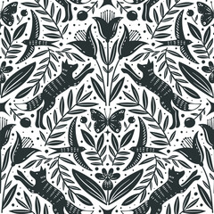Hand drawn floral woodland seamless pattern, decorative animals, fox, bird, flowers seamless pattern - 705153057