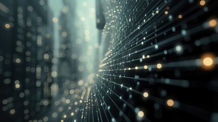 digital datastream particles with flowing energy and bokeh background