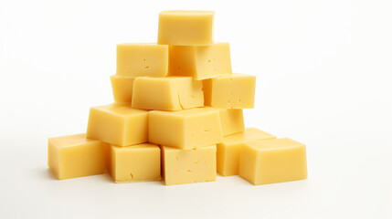 Cubes of yellow cheese stacked randomly on white
