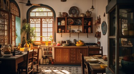 Capture of an Unoccupied Cozy Kitchen Adorned with Indian Design, Chic Classic South Asian Residence with Kitchenware - obrazy, fototapety, plakaty