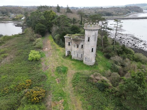 ruin of Fota tower Fota island county Cork Ireland aeriel drone image