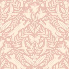 Obraz premium Hand drawn floral woodland seamless pattern, decorative animals, fox, bird, flowers seamless pattern