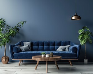 Modern Blue Sofa in Contemporary Living Room Interior Design with Copy Space