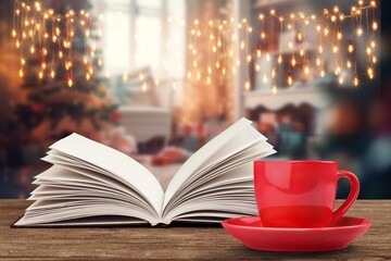 Cup tea with book in the room with glowing lights