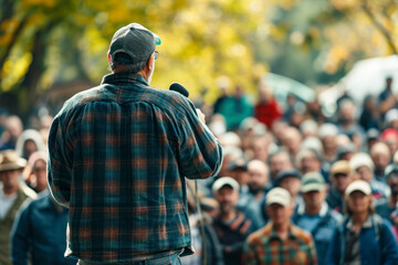 Farmer spokesperson addressing the crowd, a scene featuring a farmer spokesperson addressing a large crowd during a protest. - obrazy, fototapety, plakaty