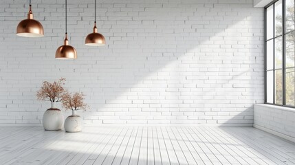 Copper Lamps Adorning Modern Interior Design with White Brick Wall - obrazy, fototapety, plakaty