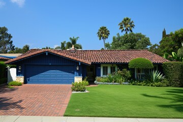 Northwest Style Home: Stunning Blue Rambler House with Tile Roof and Stone Trim - obrazy, fototapety, plakaty