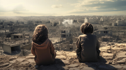 Victims of war, innocent children looking at a nuclear explosion in a city full of ruins emotional photo. Kids, fighting, combat. - obrazy, fototapety, plakaty
