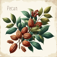 Watercolor pecan vintage retro poster design. Vector pecan illustration, fruits theme.