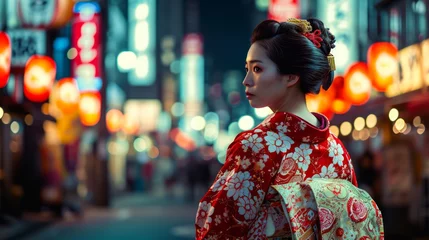 Fotobehang Asian woman wearing japanese traditional kimono at kyoto,night city in new year japan © Amonthep