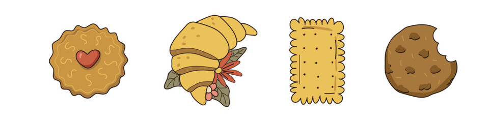 cookies and croissant different set. Oat raisin, chocolate chip, sugar, snickerdoodle, fudge, peanut butter, croissant, candies, icing and cookie sprinkles isolated on white background. Vector
