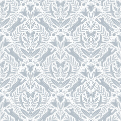 Hand drawn floral woodland seamless pattern, decorative animals, fox, bird, flowers seamless pattern - 705154261