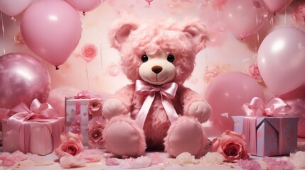 Cute teddy bear with pink balloons, gift boxes and roses