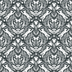 Hand drawn floral woodland seamless pattern, decorative animals, fox, bird, flowers seamless pattern