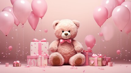 Teddy bear with gift boxes and balloons on pink background