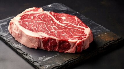 Raw fresh meat on wooden board on dark background, ribeye steak