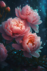 Obraz premium Soft pink peonies, blossoming in the garden, delicately adorned with raindrops