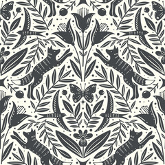 Fototapeta premium Hand drawn floral woodland seamless pattern, decorative animals, fox, bird, flowers seamless pattern