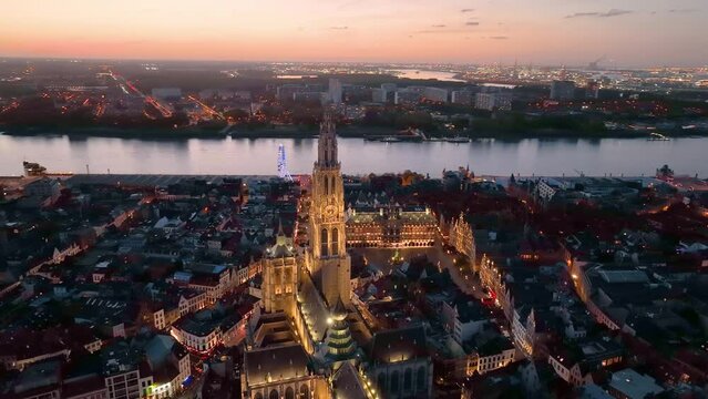 4K Aerial view of cityscape of Antwerp, gothic style landmark