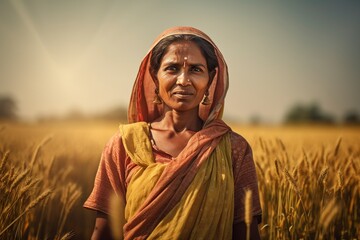 young indian peasant woman standing in the field in front of the camera