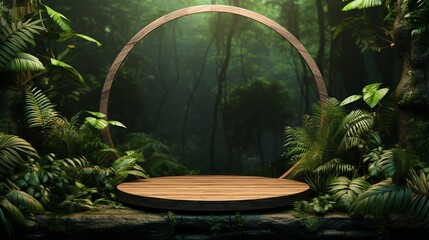 Obraz na płótnie Canvas Wooden circular podium in a tropical forest with a pristine natural atmosphere, suitable for business product presentations
