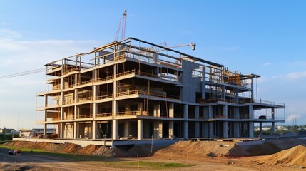 High-rise residential building under construction with tower cranes at sunset