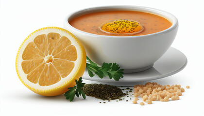 On a white background, a red lentil soup with a slice of lemon and breadcrumbs is isolated.