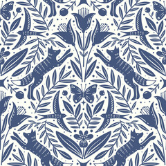 Hand drawn floral woodland seamless pattern, decorative animals, fox, bird, flowers seamless pattern