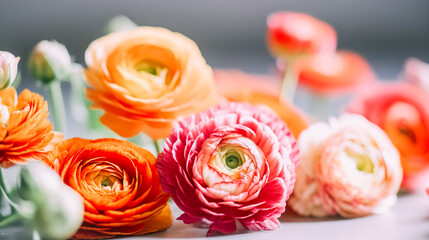 Beautiful blossoming ranunculus flowers, selective focus, dark background. Natural floral background