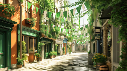 Empty city street decorated with garlands and traditional green orange flags for St. Patrick's Day carnival - obrazy, fototapety, plakaty