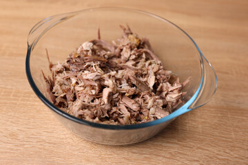 Salt and spices are added to the meat. Preparation of meat dishes.