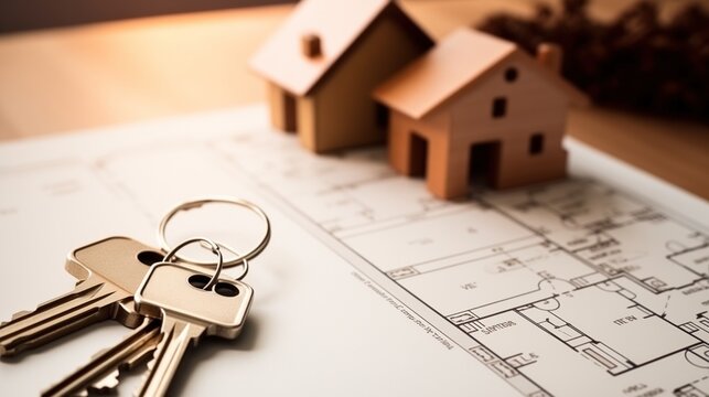 House Model and Keys on Blueprint Background