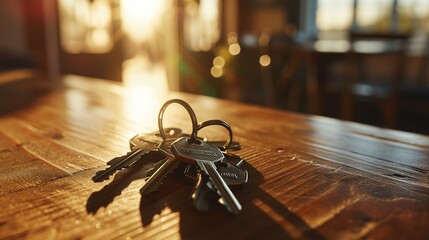 Sunlit Keys on Wooden Table: A Warm Welcome to Your New Abode