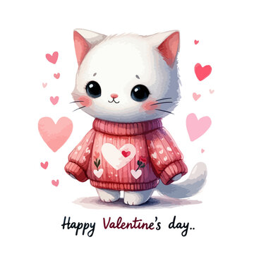 Watercolor Valentine's Day card, children's illustration with animal baby cat.