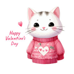 Watercolor Valentine's Day card, children's illustration with animal baby cat.