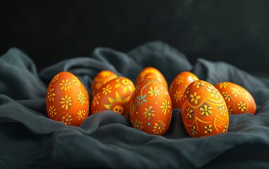 Happy Easter eggs hand crafted with detail in orange color on cloth against dark background.