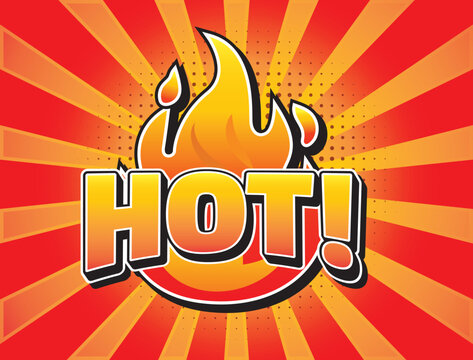 Abstract comic background with sun ray. Pop art comic background with fire icon . Editable text effect hot, Cartoon template. Trendy Colorful retro vintage background with dotted effect