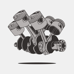 Drawing of 6-cylinder automobile car machine engine vector illustrations, piston car drawing
