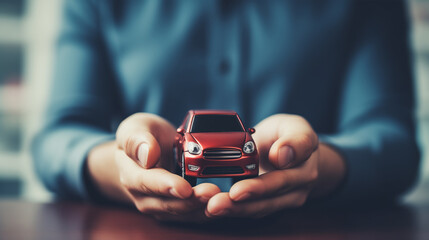 Financial Planning Banner. A Model Car Resting on a Businessman's Hand, Depicting the Concept of Car Loans and Financial Investment in Automotive Assets for Business Success.