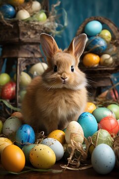 Easter bunny with basket filled with easter eggs