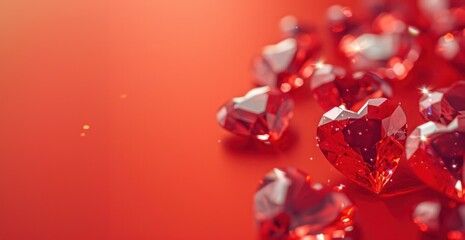 a front-view minimalist composition featuring Crystal hearts on a vibrant red background