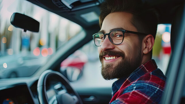 Test drive A smiling client against the background of a new car after a successful test drive