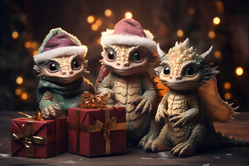 Picture of a kind baby dragon with a gift. Happy New Year 2024.copy space