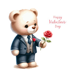 Watercolor Valentine's Day card, children's illustration with animal boy bear.