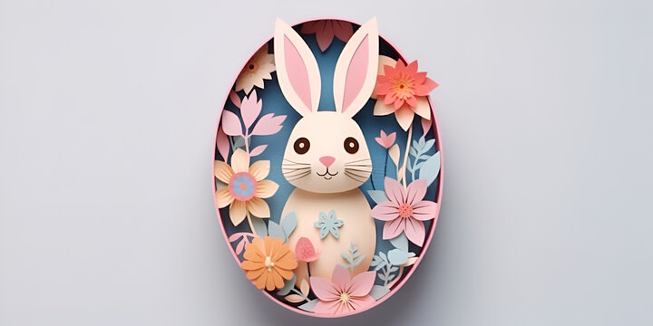 an Easter bunny in an egg. craft made of paper. Quilling. decoration for the holiday. postcard.craft style. paper cut . layered structure