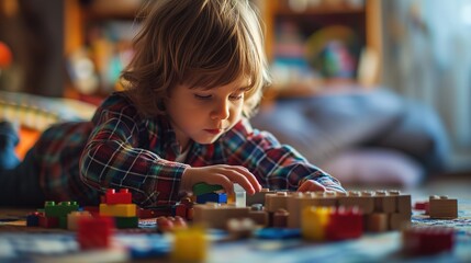 Focused Toddler with Building Blocks in Playful Learning Session