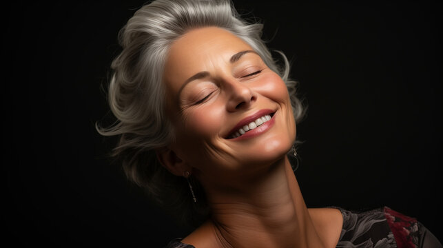With closed eyes, the stunning elderly woman touched her flawless complexion. Lovely image of a woman in her mid-60s promoting anti-aging products for the face, tightening skin, and salon care