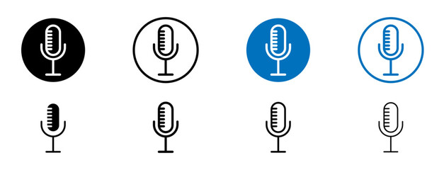 Microphone Line Icon Set. Vocal audio recording podcast mic symbol in black and blue color. - obrazy, fototapety, plakaty