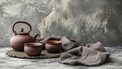 Traditional clay teapot with flat teapot, tea cups and teapot, Green japanese tea, Black iron asian teapot.